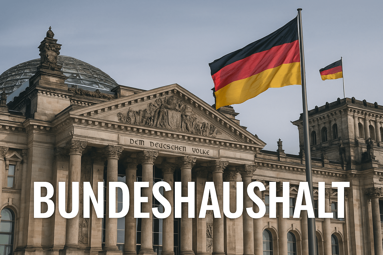 Bundestagsgebäude Berlin mit deutscher Flagge und Schriftzug BUNDESHAUSHALT – Symbolbild für Bundeshaushalt 2025 und Finanzpolitik