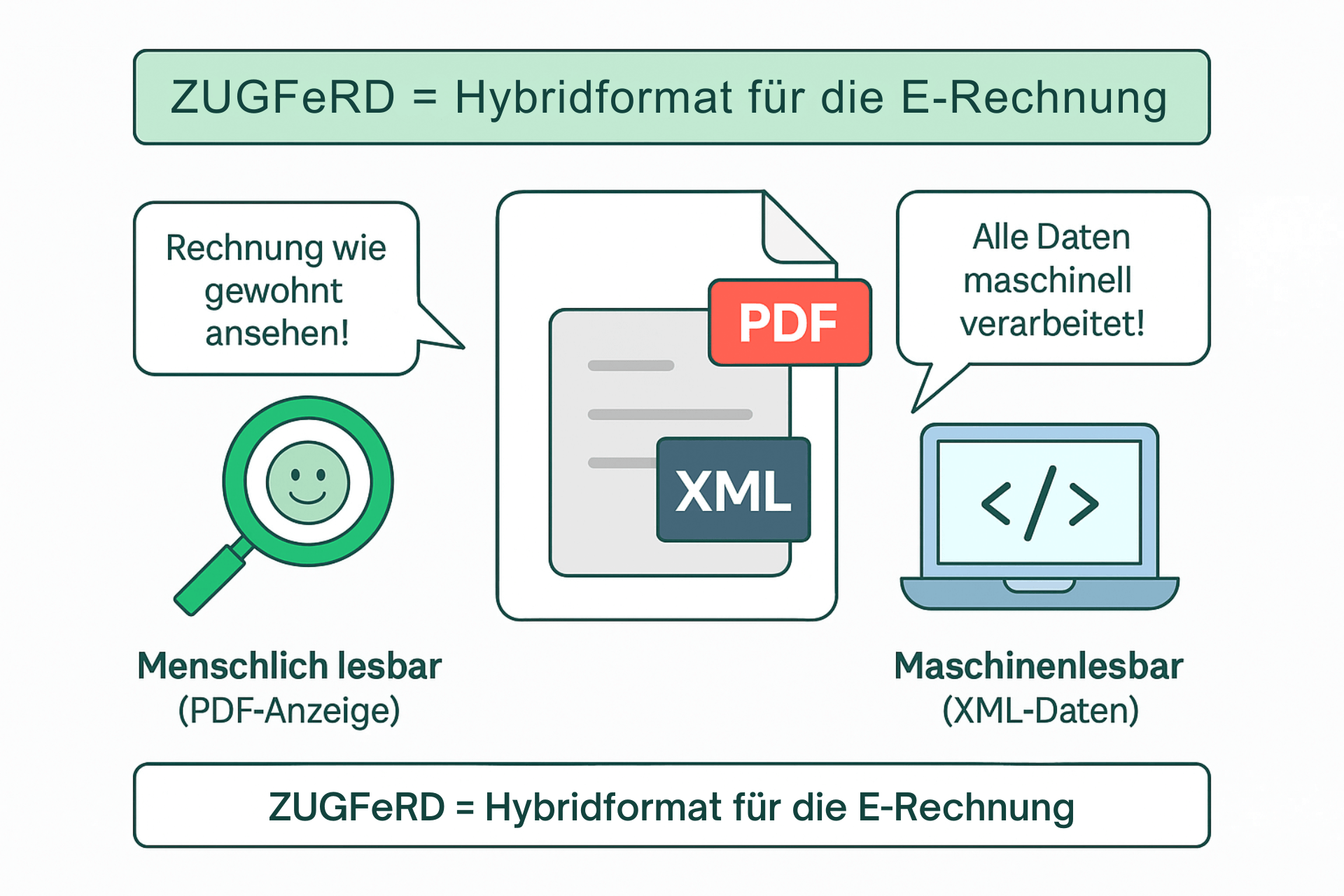 Infografik: ZUGFeRD als Hybridformat mit PDF für den Menschen und XML für Maschinen – erklärt durch Symbole und Sprechblasen