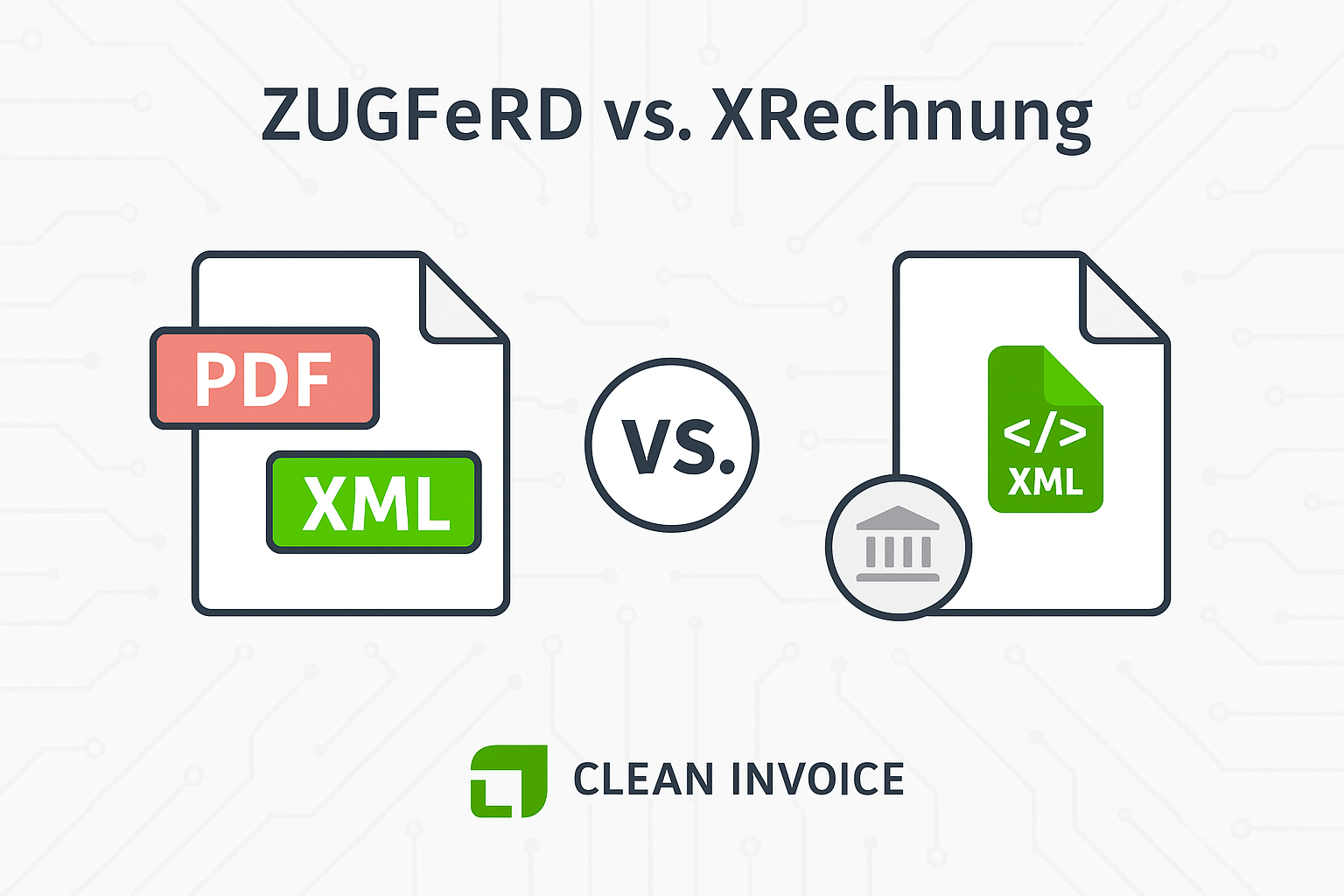 Titelbild: ZUGFeRD vs. XRechnung – Vergleich der Formate als digitale Dokumente, PDF+XML gegen XML für Behörden, mit Clean Invoice Branding