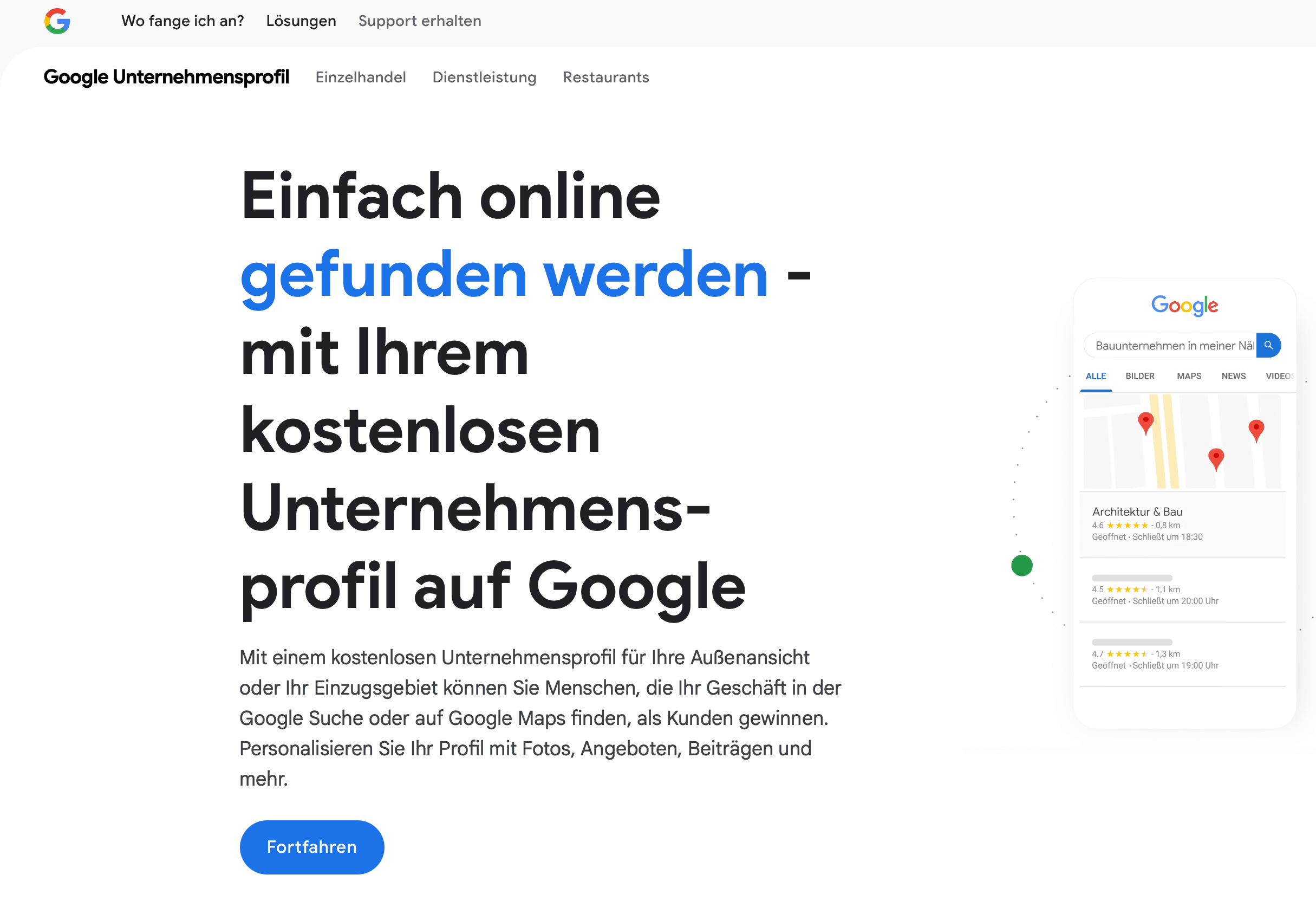 Startseite der Einrichtung des Google Business Profils