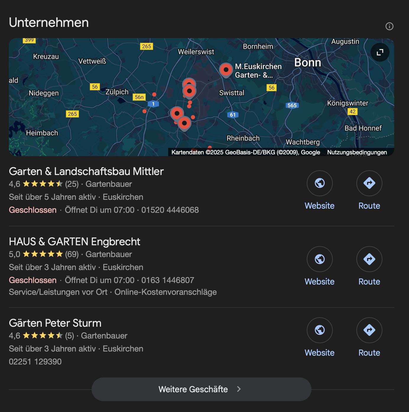 3 Unternehmensprofile bei Google zum Thema Gärtner