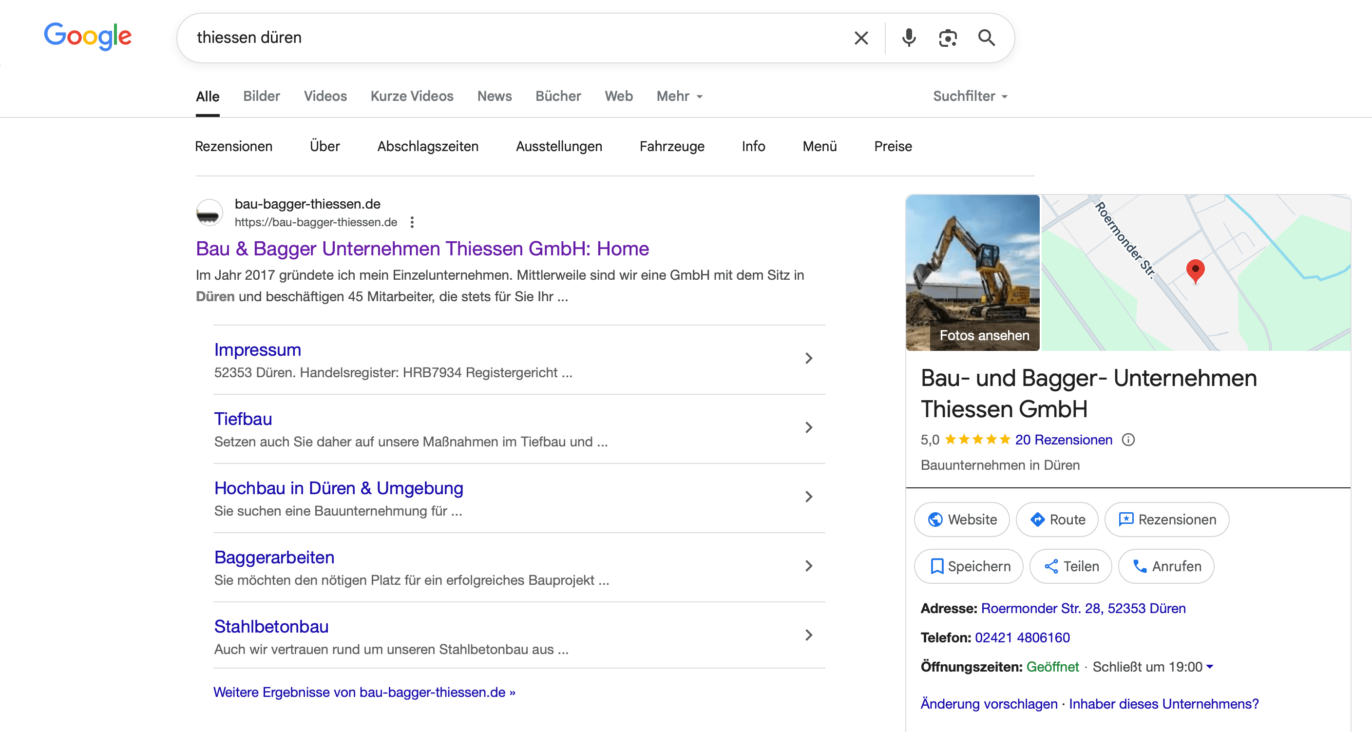 Google Suchergebnis zu einem speziellen Handwerker - Webseite neben google Unternehmensprofil