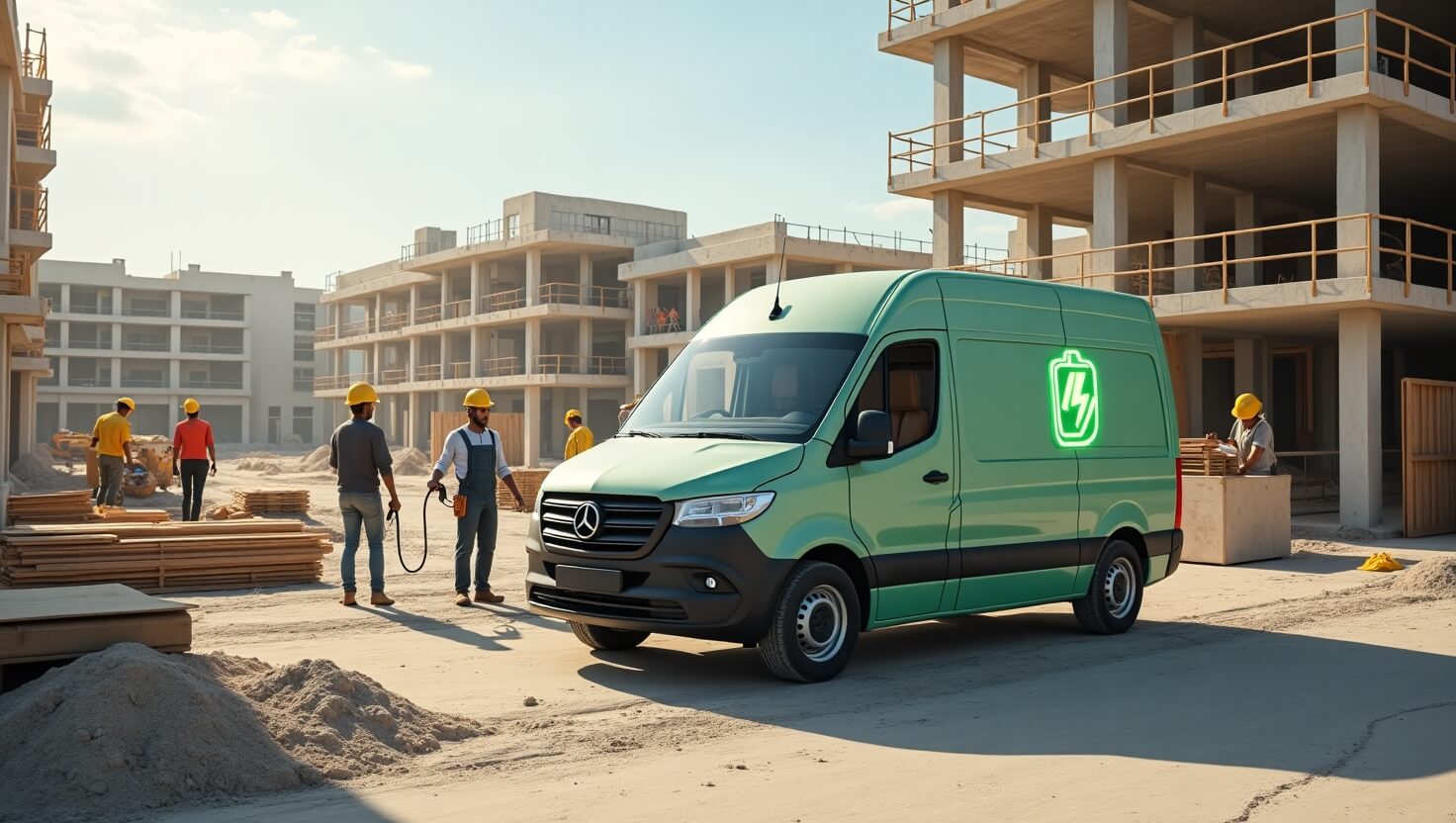 Elektro Transporter Baustelle Eine Baustelle auf der Menschen arbeiten. Im Vordergrund ein Elektro Transporter