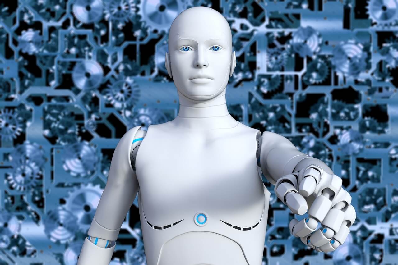 Roboter digital Ein Roboter mit Vernetzungen im Hintergrund der auf dich zeigt