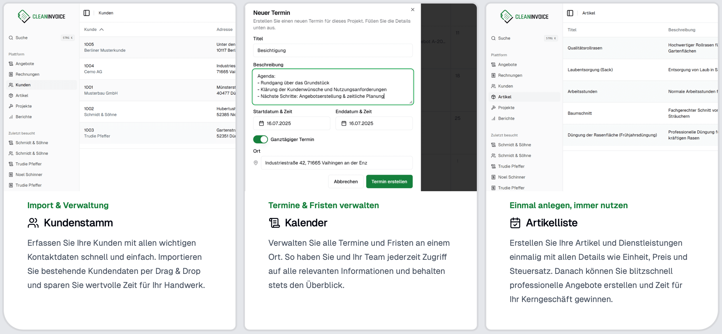 Handwerk digitalisieren mit Features Kalenderfunktion, Artikelverwaltung, Kundenstammdaten pflegen - Praesentation