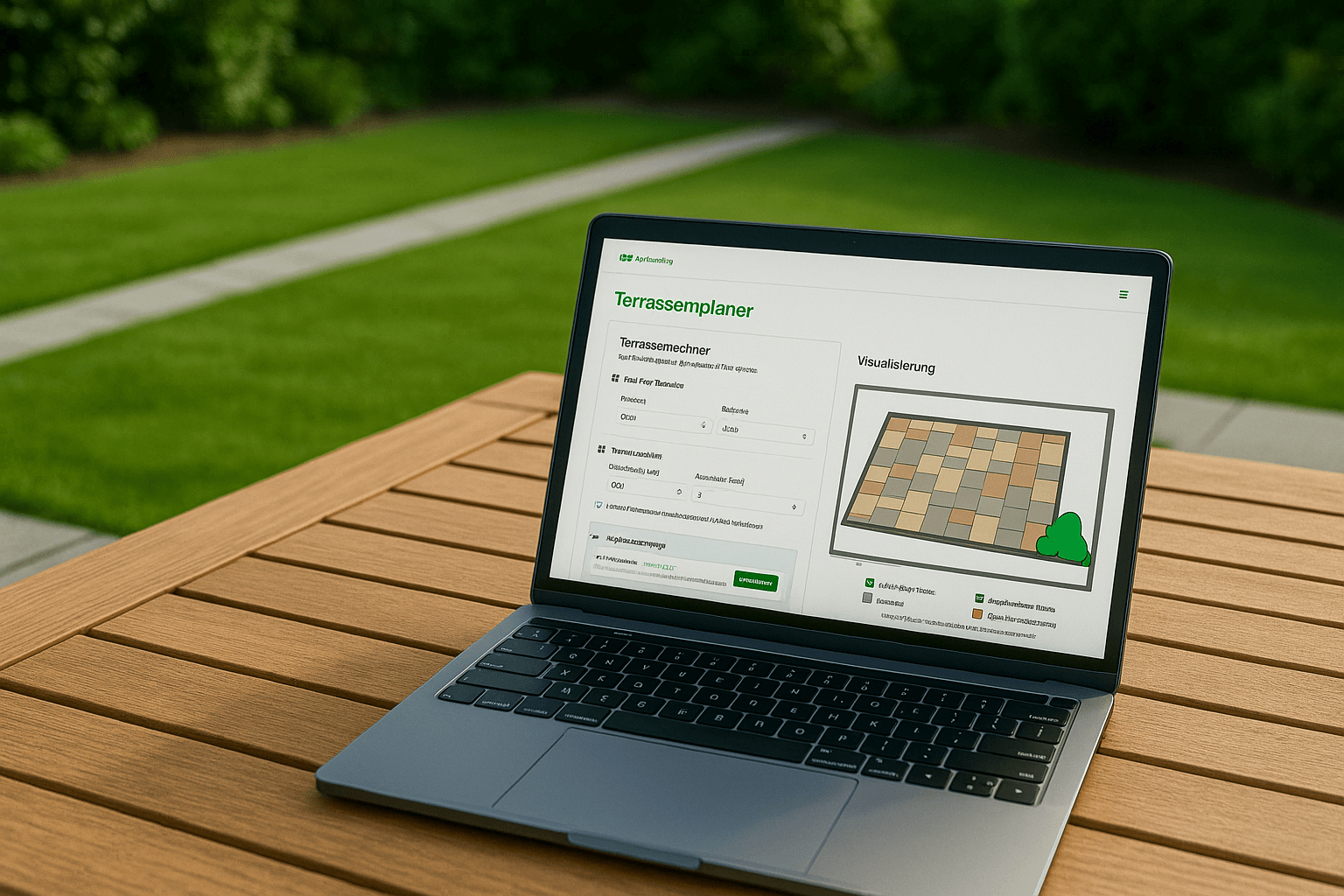 Laptop auf einem Tisch im Garten mit einem Terrassenplaner 