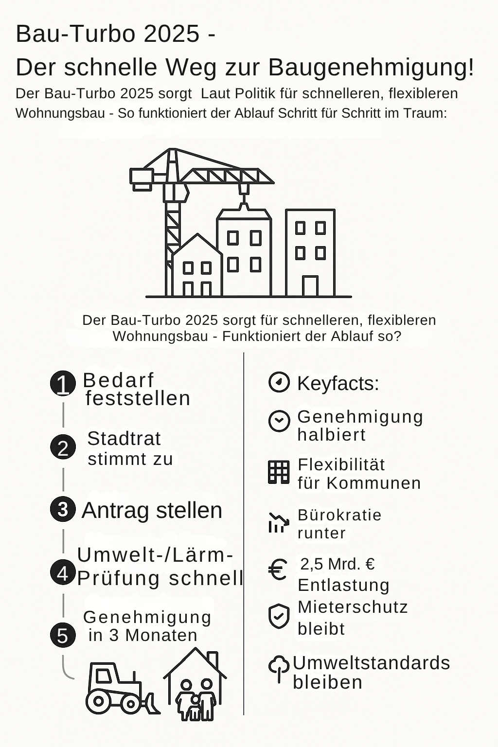 Zeitlicher Ablauf des Bau-Turbo-Gesetzes 2025 mit den wichtigsten Schritten von der ersten Lesung im Bundestag bis zum geplanten Inkrafttreten, als Infografik dargestellt.
