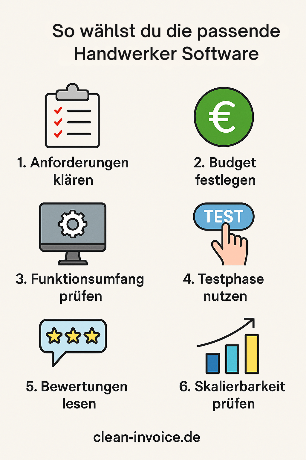 Infografik mit drei Stufen zur Auswahl des passenden Rechnungsprogramms für Kleinunternehmer: kostenlos starten, bei Wachstum wechseln, professionelle Lösung nutzen