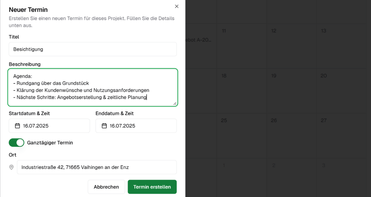 Kalender verwalten in Clean Invoice