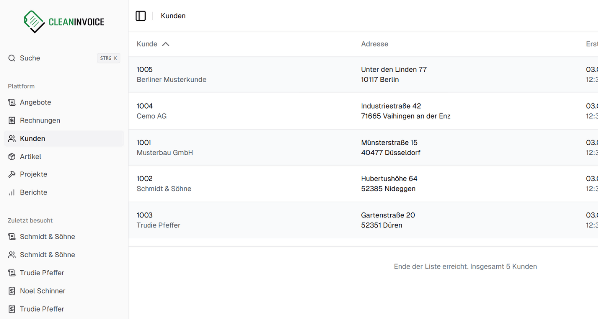 Kunden anlegen in Clean Invoice