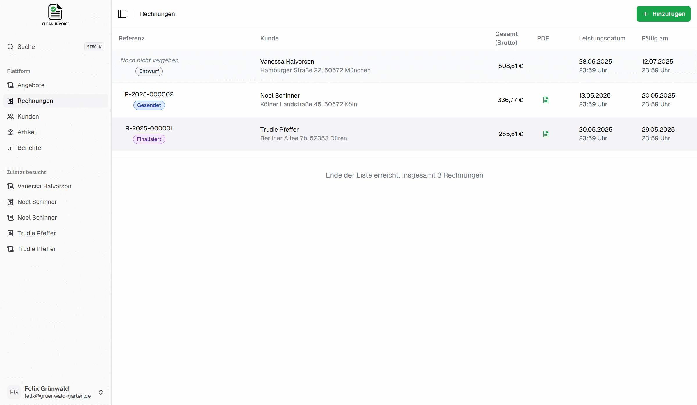 Rechnung erstellen in Clean Invoice