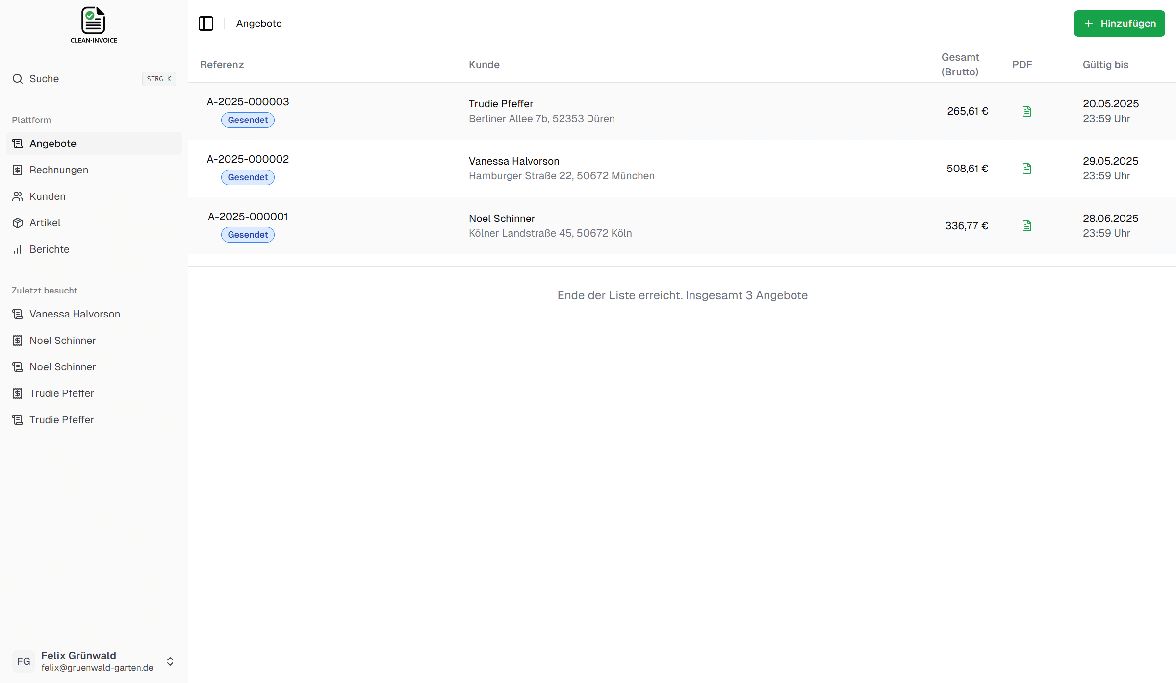 Angebote verwalten in Clean Invoice